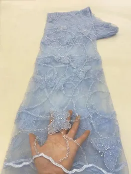 Африканская высококачественная тюлевая ткань ручной работы с тяжелыми блестками, расшитая бисером, Французская роскошная жемчужная ткань в Нигерийском стиле для платья невесты